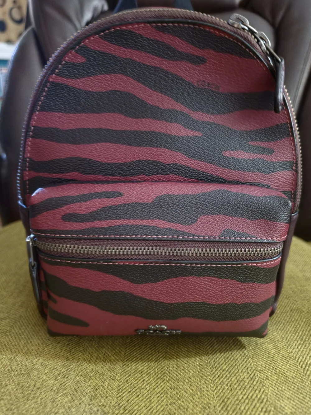 COACH Mini Backpack in Burgundy and Black Zebra Print